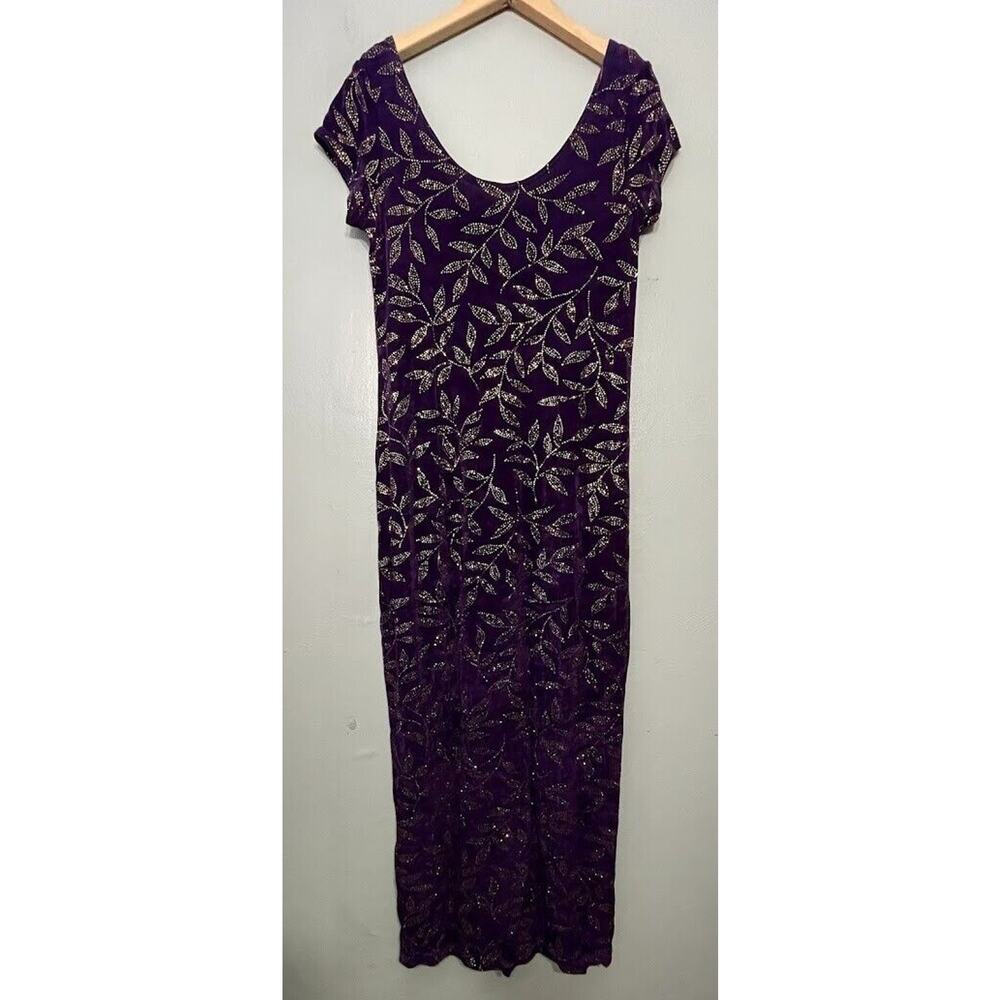 Von Bramlett Y2K Maxi Dress Size 14 Slinky Dark Purple Gold Sparkle Whimsigoth